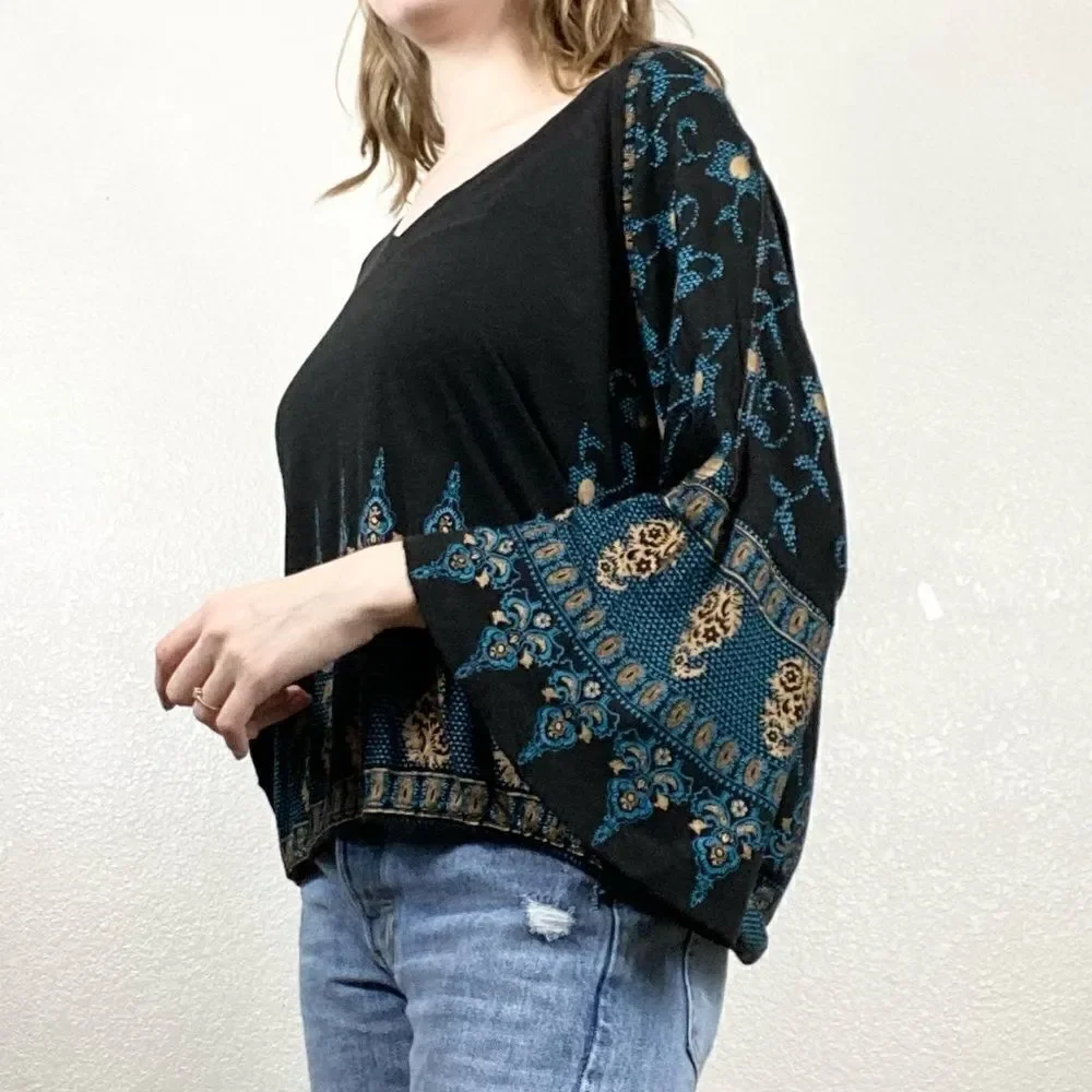 Free People Black & Gold Medallion Wide Sleeve Peasant Blouse
